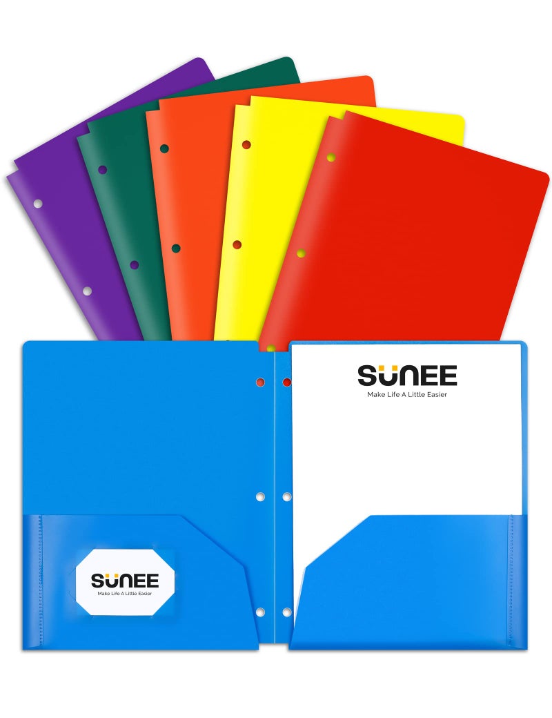 SUNEE 3 Hole Pocket Folders (6/Pack, Assorted Color) Plastic Pocket Folders for 3 Ring Binder, 3-Hole Punched Folders with Pockets, for Kids, Students, Teachers, Office Staff - Image 1